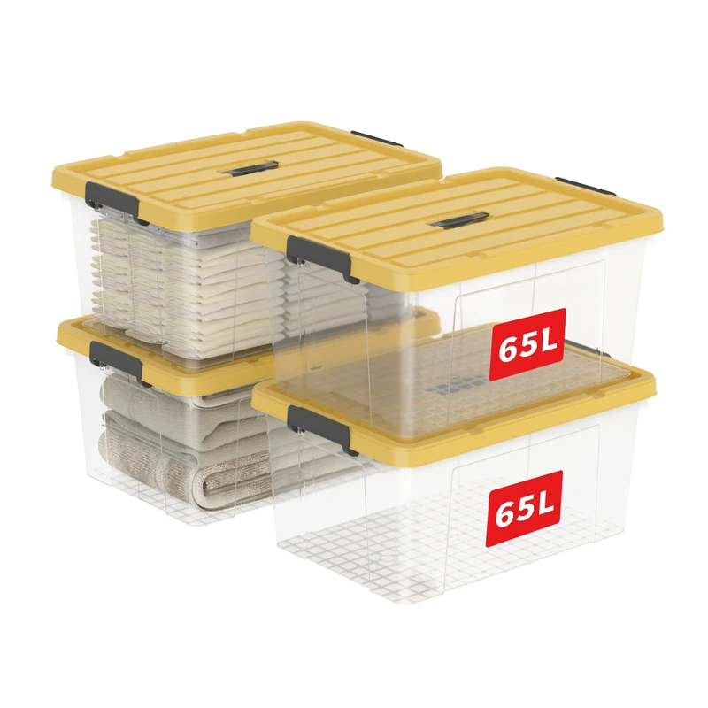 Cetomo 65L*4 Storage Boxes, Carry Plastic Storage Box with Lids, Organizing Container with Handle and Latching Buckles, Stackable, Nestable, Tote Bin for Home Office Clothes, 65L-4Pack, Clear & Yellow