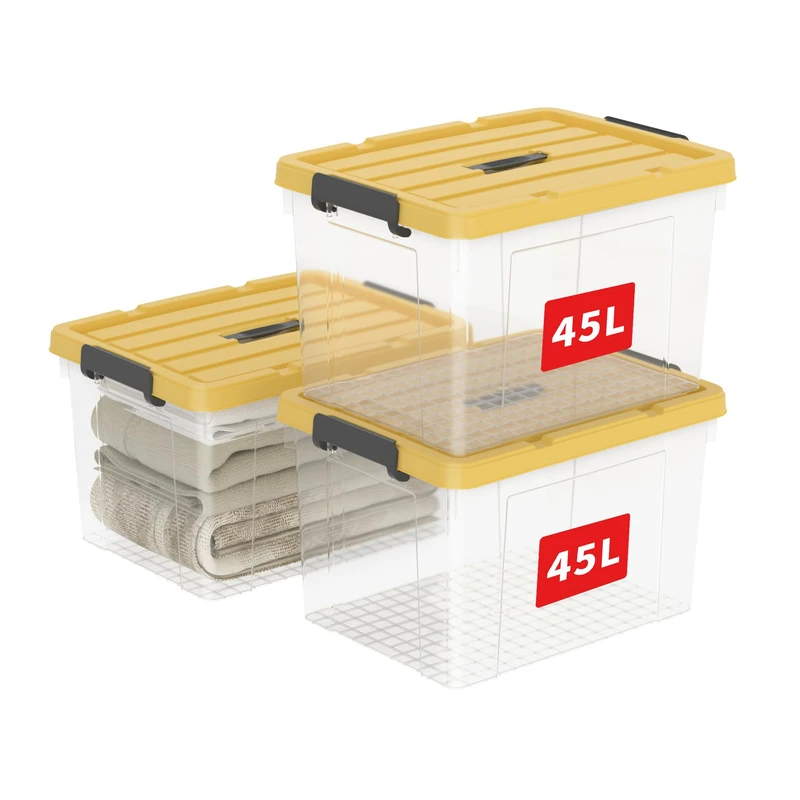 Cetomo 45L*3 Storage Boxes, Carry Plastic Storage Box with Lids, Organizing Container with Handle and Latching Buckles, Stackable, Nestable, Tote Bin for Home Office Clothes, 45L-3Pack, Clear & Yellow