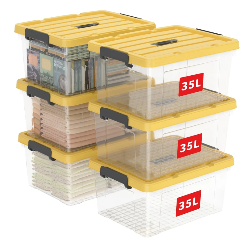 Cetomo 35L*6 Storage Boxes, Carry Plastic Storage Box with Lids, Organizing Container with Handle and Latching Buckles, Stackable, Nestable, Tote Bin for Home Office Clothes, 35L-6Pack, Clear & Yellow