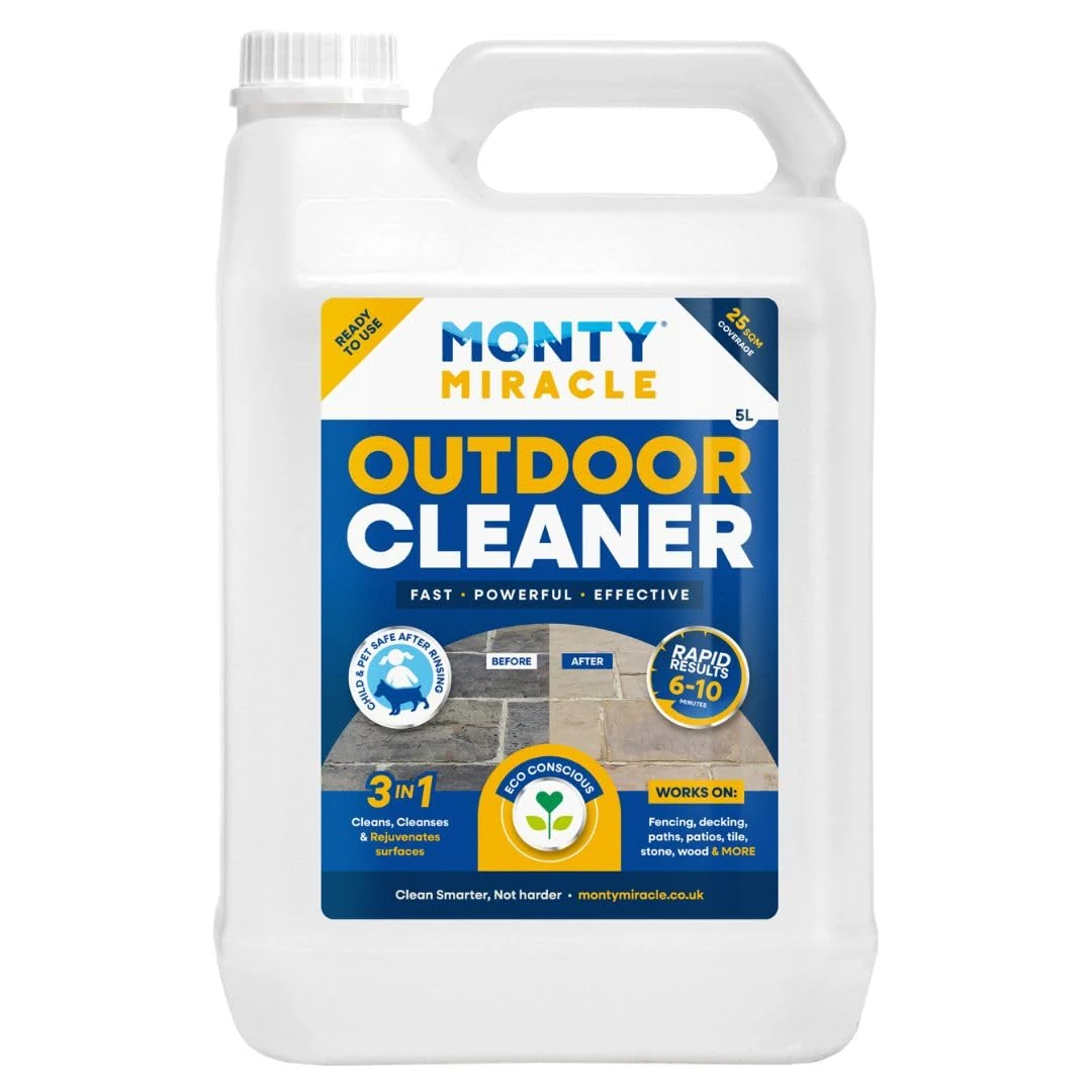 Monty Miracle® Outdoor Cleaner, 5 Litre. Clean & Rejuvenate your Patio, Decking, Fencing, Paths, Driveway, Render & More - Results in 6-10 Minutes! Slip free