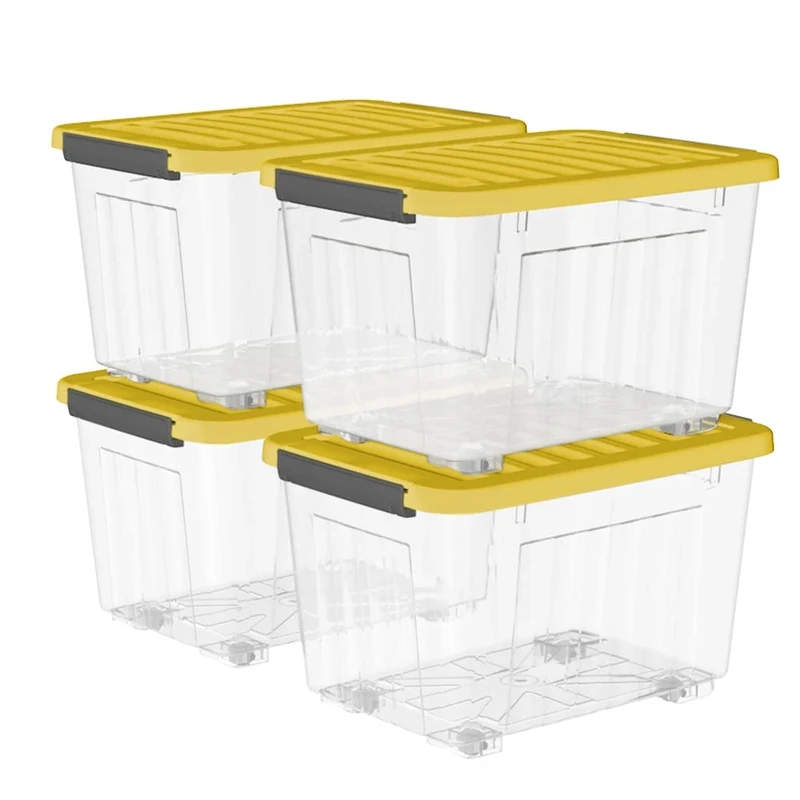 Cetomo 80L*4 Plastic Storage Boxes with Wheels, Lidded Storage Box with Secure Side Latches, PP Nestable and Stackable Clear Organizer for Home, Office, Moving, Transparent & Yellow, 80L-4 Pack