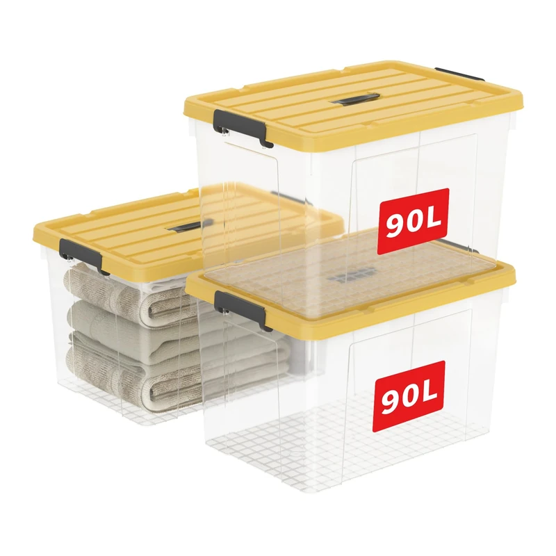 Cetomo 90L*3 Storage Boxes, Carry Plastic Storage Box with Lids, Organizing Container with Handle and Latching Buckles, Stackable, Nestable, Tote Bin for Home Office Clothes, 90L-3Pack, Clear & Yellow