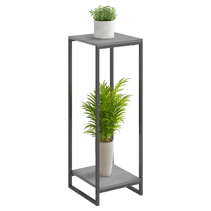 JEPRECO 34" Tall Plant Stand Indoor, 2-Tier Modern Plant Shelf, Corner Flower Pot Holder Organizer for Living Room Balcony Patio Garden (Oak Grey)