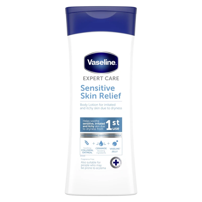 Vaseline Expert Care Sensitive Skin Relief Body Lotion – Deep Moisturising & Fast Absorbing Formula with Vaseline Jelly, Oatmeal & Ceramides – Soothes Dry, Itchy, Sensitive Skin 400ml