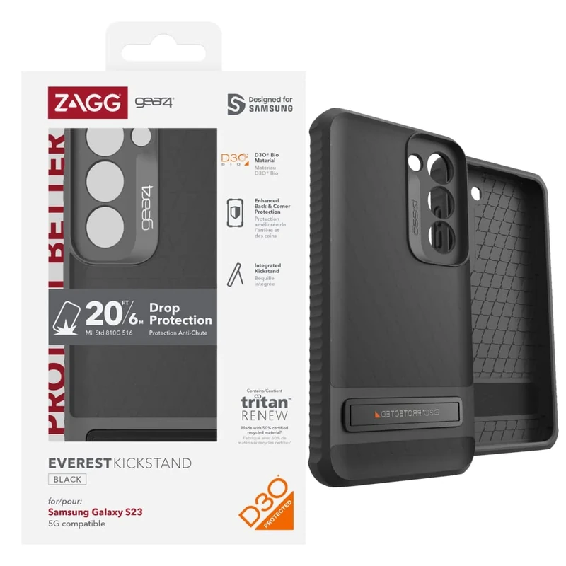ZAGG Gear4 EverestLift D30 Protective Case for Samsung Galaxy S23, 6.1in, Slim, Enhanced Back Protection, Ultimate Impact, Kickstand, Wireless Charging, (Black)