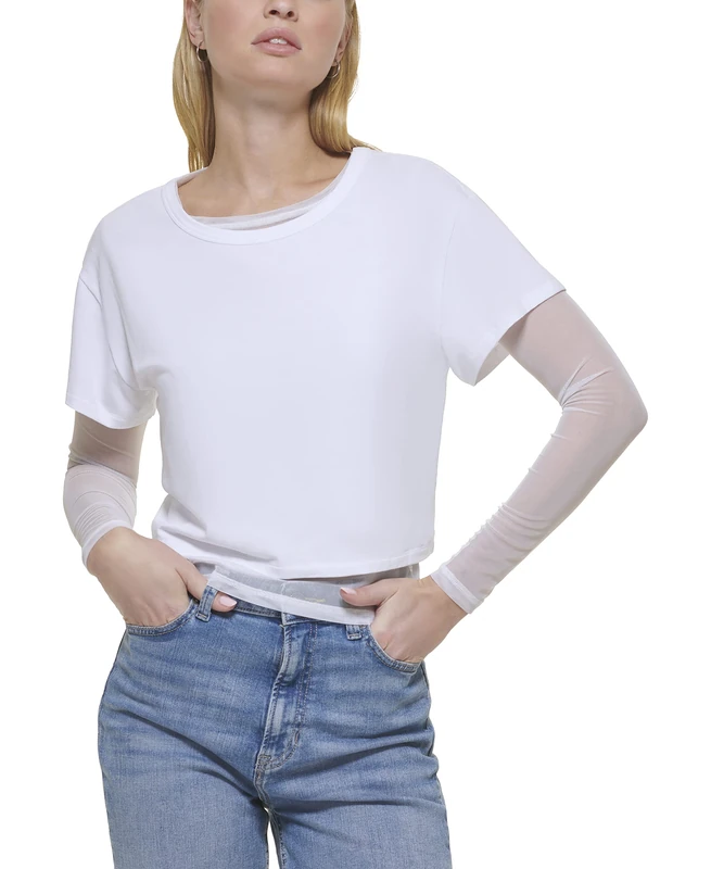 DKNY Women's Short T-Shirt with a Twofer Long Sleeve Mesh Top, White, XS