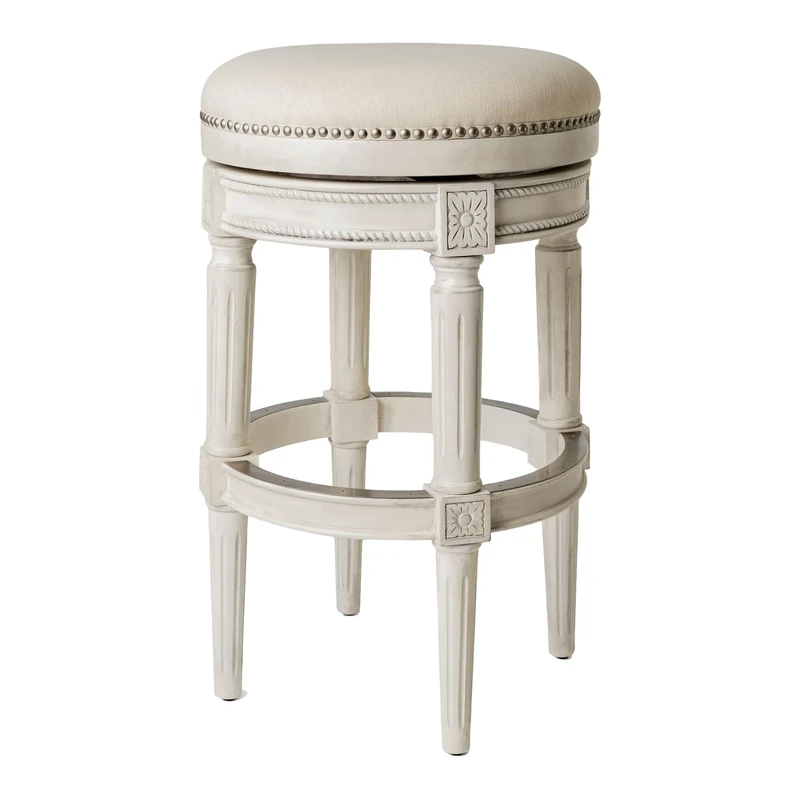 Maven Lane Pullman Wooden 180 Degree Swivel Backless 30" H Bar Stool Kitchen Chair with Nailhead Trim, White Oak Finish and Natural Fabric