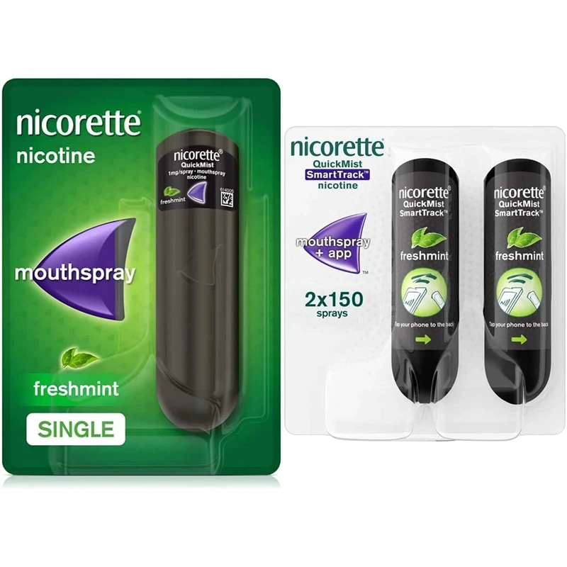 Nicorette QuickMist Spray Mouthspray Nicotine Freshmint- Single- 150 Sprays, 1 mg (Stop Smoking Aid) & QuickMist SmartTrack 1 mg/Spray Mouthspray Nicotine Freshmint