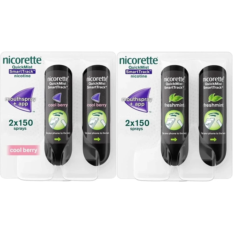 Nicorette Quickmist SmartTrack and Cool Berry Nicotine Mouthspray, 2 Units x 150 Sprays & QuickMist SmartTrack 1 mg/Spray, Nicotine Freshmint 2 x 150ml
