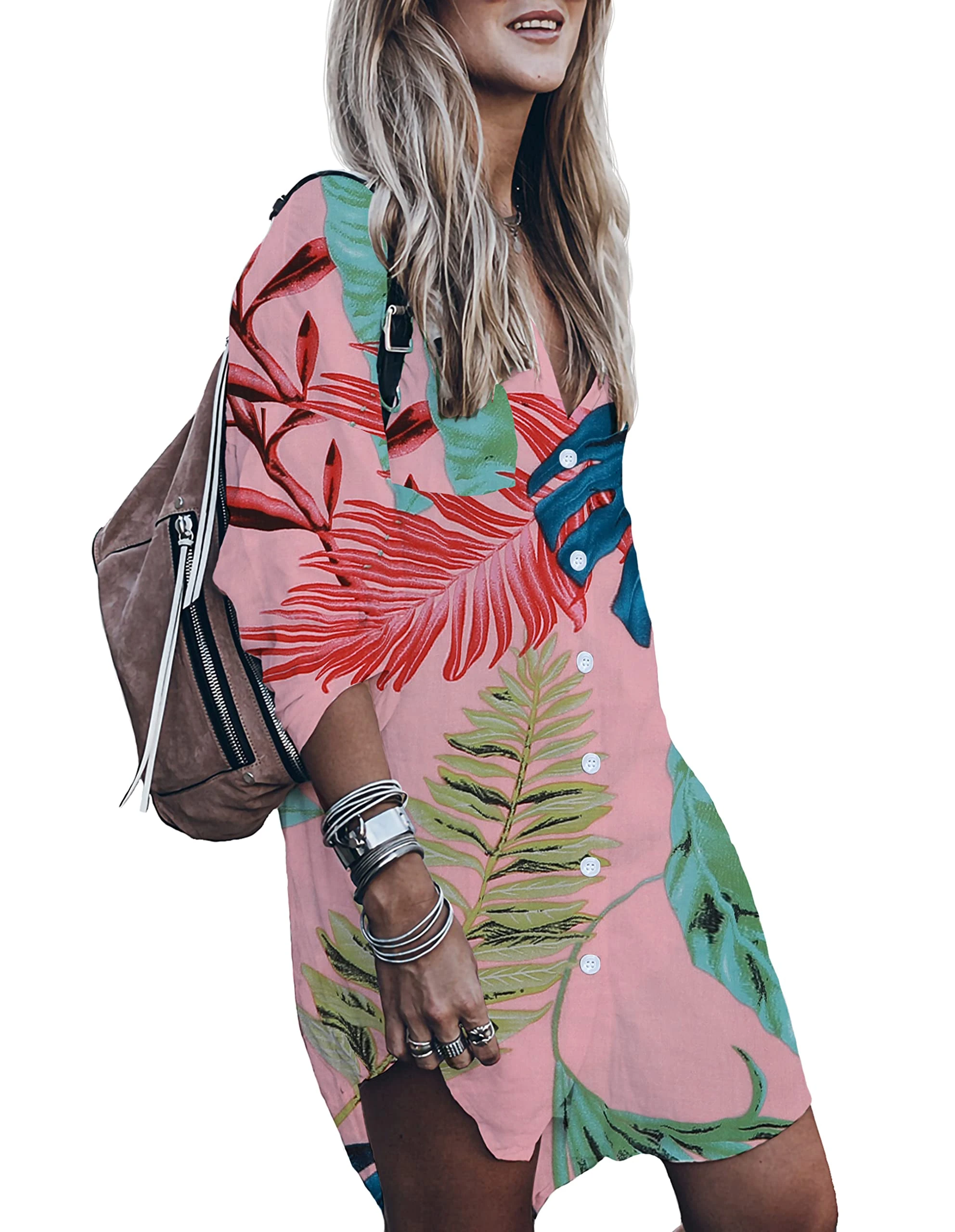 Women’s Swimsuit Cover up,Silky Button Down Shirt Midi Dress Kimono,Summer Bathing Suit Beach Coverups for Women (CP-Aline), Pink Leaf, XS