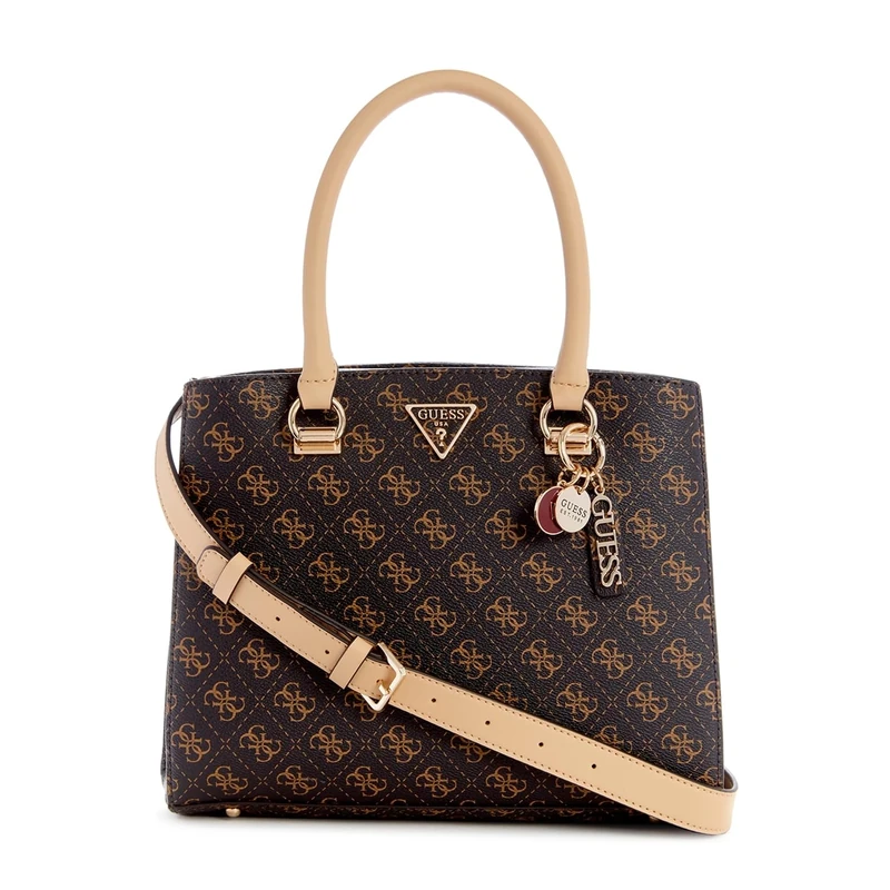 GUESS Women Noelle Girlfriend Satchel School Bag, top Handle, Brown Logo, One Size