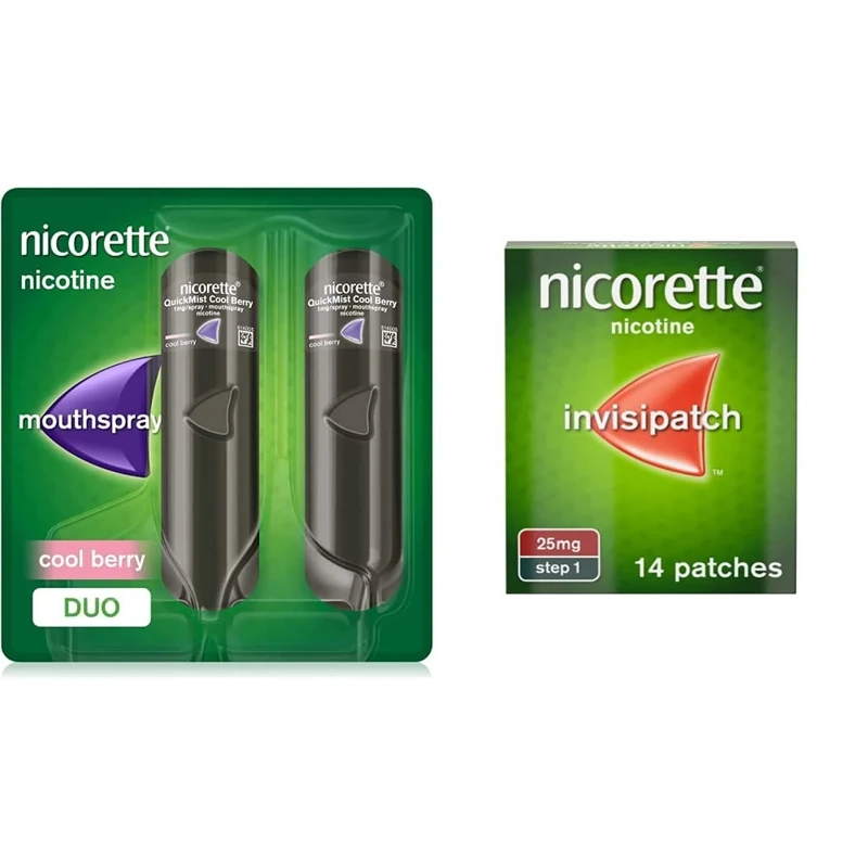 Nicorette QuickMist Cool Berry Mouth Spray Nicotine-Duo-2 x 150 Sprays, 1 mg (Stop Smoking Aid) & Step 1 InvisiPatch Nicotine 14 Patches, 25 mg