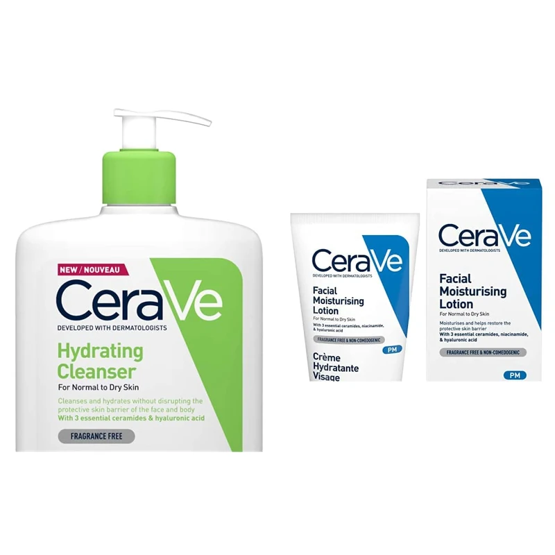 CeraVe Hydrating Cleanser for Normal to Dry Skin 1 Litre & PM Daily Facial Moisturiser Lotion for Normal to Dry Skin 52ml with Niacinamide and 3 Essential Ceramides