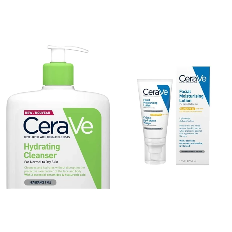 CeraVe Hydrating Cleanser for Normal to Dry Skin 1 Litre with Hyaluronic Acid and 3 Essential Ceramides & AM Facial Moisturising Lotion SPF50 with Ceramides & Vitamin E for Normal to Dry Skin 52ml