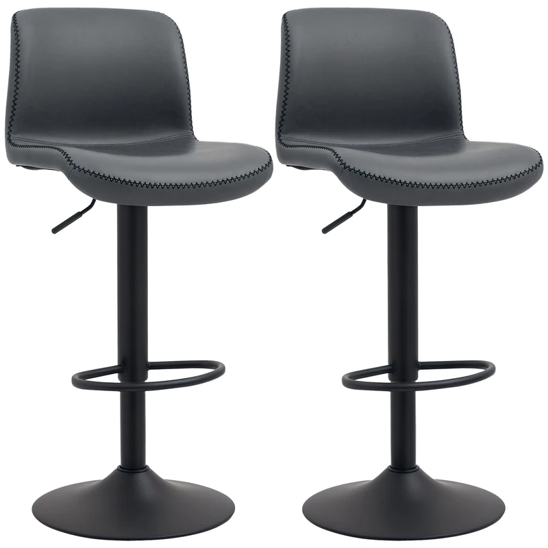 HOMCOM Bar Stools Set of 2, Height Adjustable Barstools with Backrest and Footrest, PU Leather Upholstered Dining Stools for Kitchen, Counter, Breakfast Bar, Dark Grey
