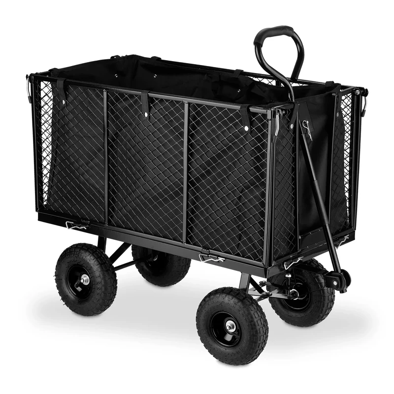 Relaxdays Heavy-Duty Cart, Large Trolley, Fold Down Sides, Removable Sack with Handles, Wagon, up to 500 kg, Black