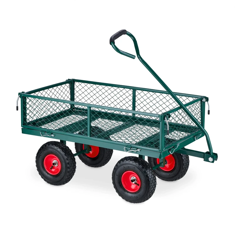Relaxdays Heavy-Duty Cart, Practical Garden Trolley, Pneumatic Wheels, Fold Down Sides, up to 200 kg, Steel, Green/Red