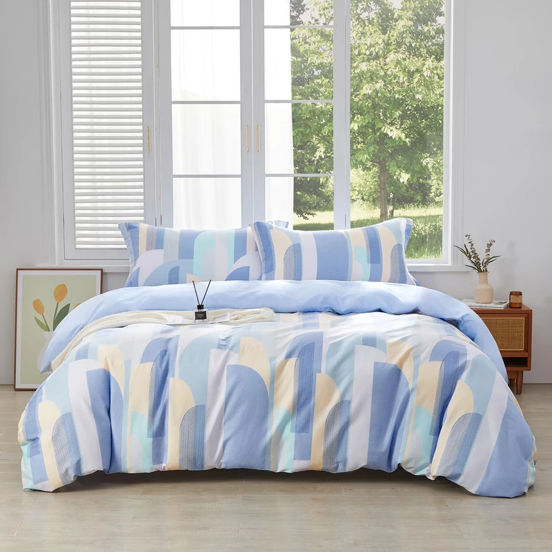 SAPHREAS Blue Geometric Pattern Duvet Cover Set 3pcs King Size 100% Cotton Colorful Blocks Bedding Comforter Cover Set 1 Duvet Cover 2 Pillow Cases