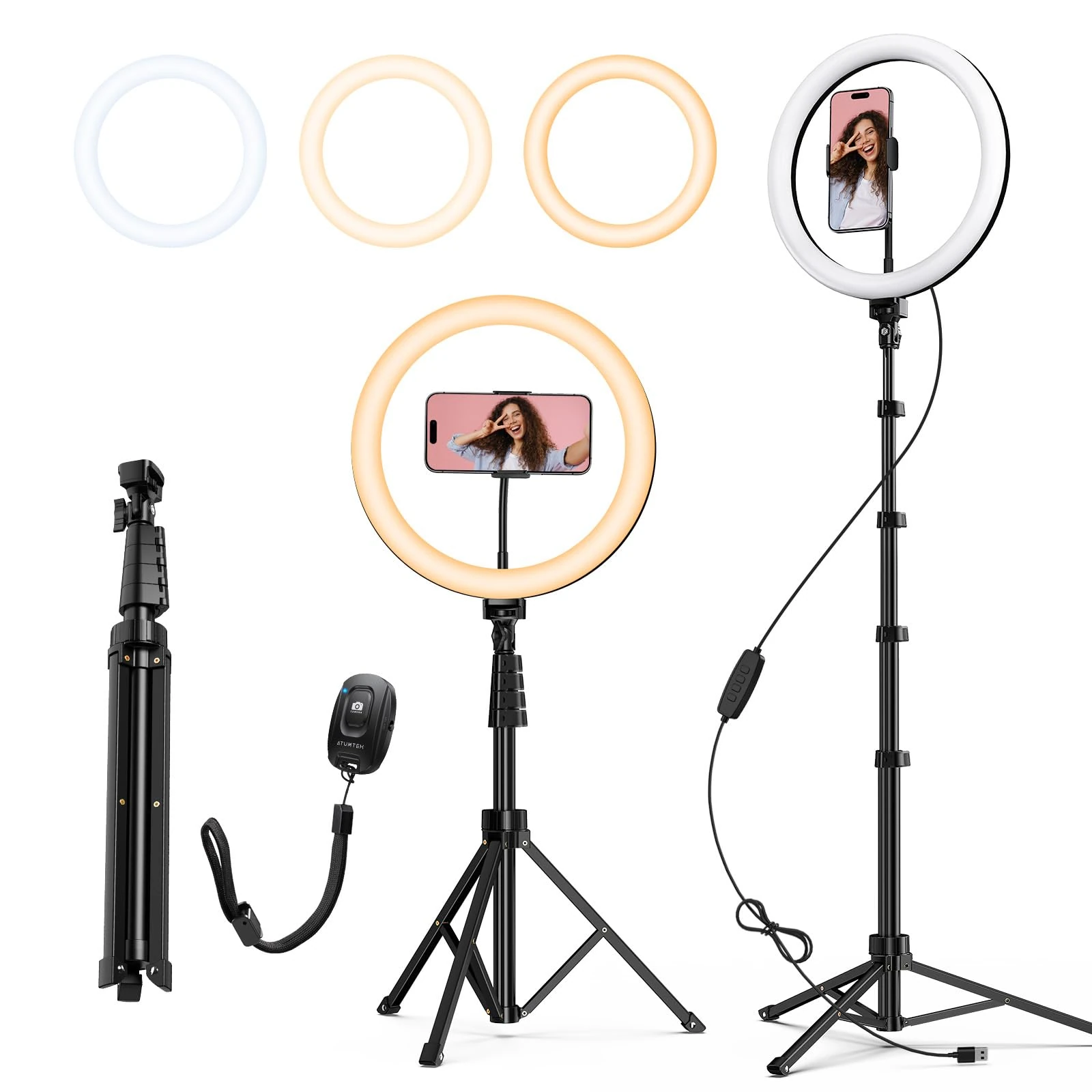 ATUMTEK 12" Ring Light with Tripod Stand, 63" Extendable, 3 Light Modes & 10 Brightness Levels, LED Selfie Light with Remote Control for TikTok, YouTube, Live Streaming, Photography