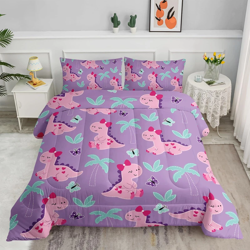 Axolotl Cute Dinosaur Comforter Set, Queen Size, Purple
