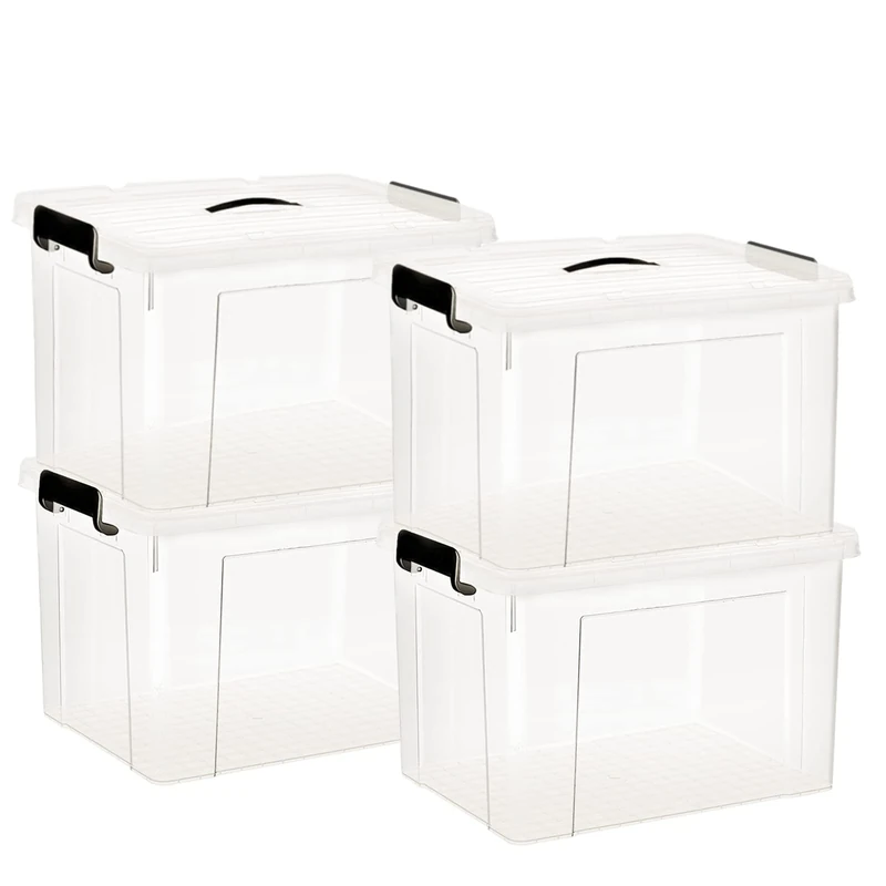 HOHAOO Plastic Storage Box with Lid,4 Pack 40L Storage Boxes Clear Stackable Storage Bin with Latching Buckles and Lids for Home and Office