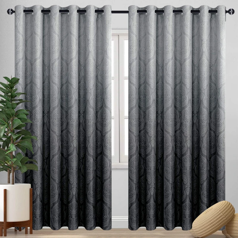 DWCN Ombre Blackout Curtains for Bedroom Extra Wide Luxury Damask Pattern Eyelet Curtains for Living Room Pair Gradient Window Curtains 100x96 Inch Black