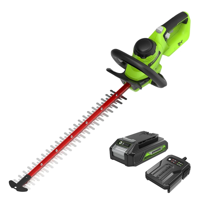 Greenworks Cordless Hedge Trimmer 24V G24HT56IIK2, 56cm Dual Action Blade, Cuts up to 25.4mm Thick Branches and Stems 3000 spm with 2Ah Battery & Charger