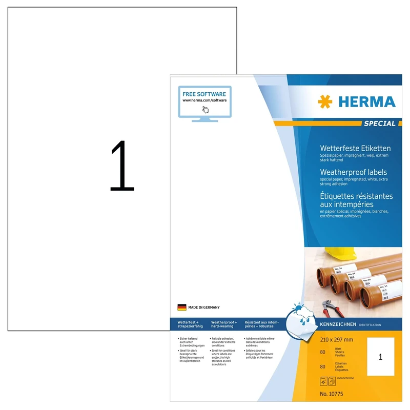 HERMA Self Adhesive Weatherproof Labels, 1 Label per A4 Sheet, 80 Sheets, 210 x 297 mm, 80 Labels, Weather Resistant Labels Stickers, Sticky Labels of Special Paper for Laser Printer, White