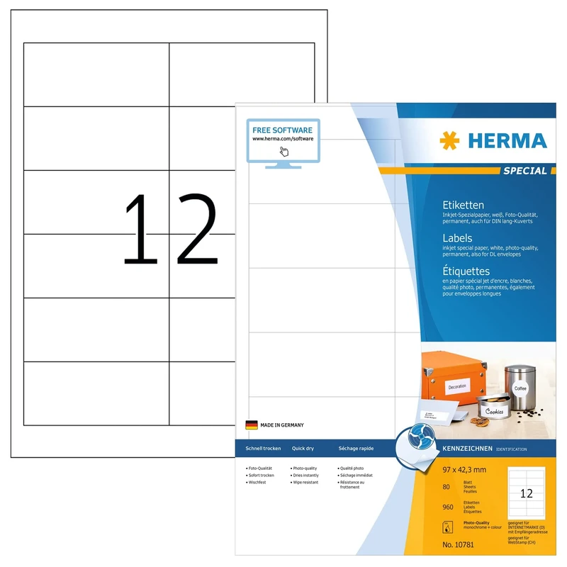 HERMA Self Adhesive Inkjet Address Labels, 12 Labels per A4 Sheet, 80 Sheets, 97 x 42.3 mm, 960 Labels, Blank Mailing Labels Stickers, Sticky Labels for Inkjet Printer, White