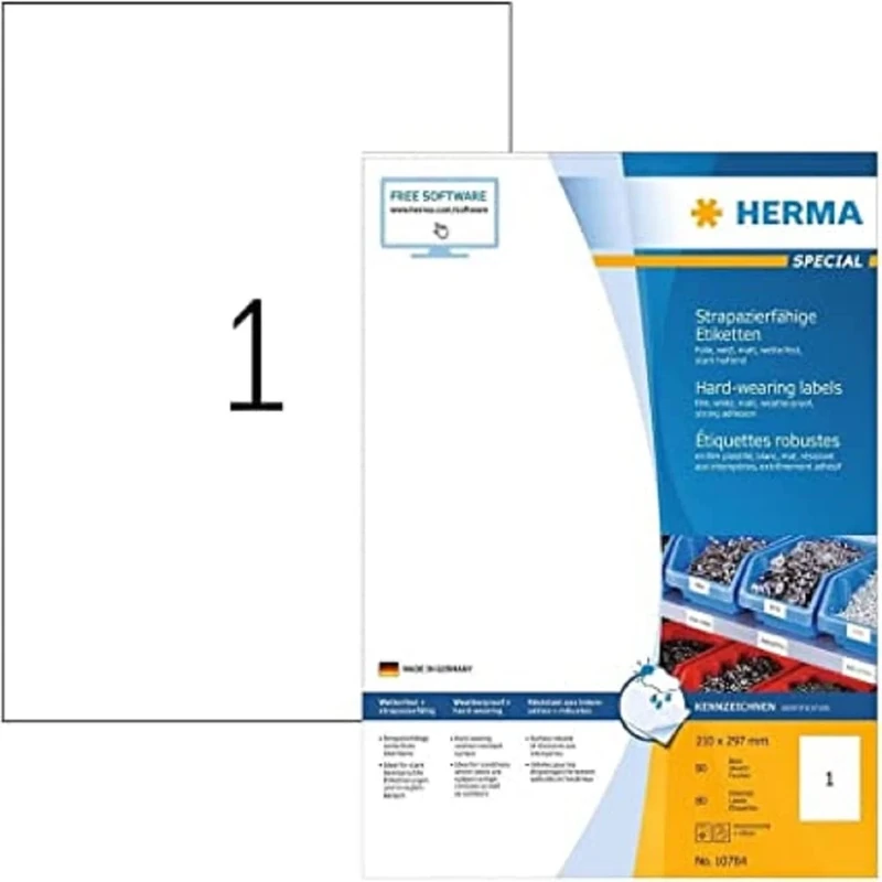 HERMA Self Adhesive Film Labels, 1 Label per A4 Sheet, 80 Sheets, 210 x 297 mm, 80 Labels, Blank Weatherproof Labels Stickers, Sticky Labels for Laser & Inkjet Printer, White