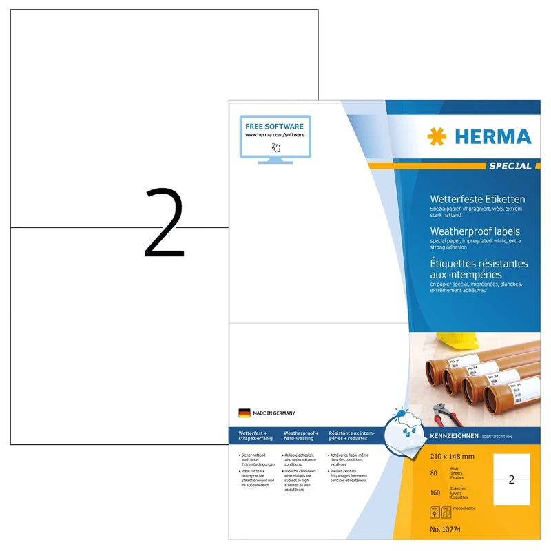 HERMA Self Adhesive Weatherproof Labels, 2 Labels per A4 Sheet, 80 Sheets, 210 x 148 mm, 160 Labels, Weather Resistant Labels Stickers, Sticky Labels of Special Paper for Laser Printer, White