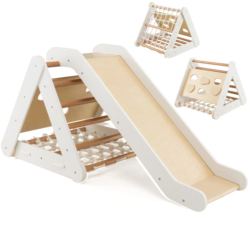 GYMAX 4 in 1 Kids Climbing Set, Wooden Toddler Climber (Natural+White)
