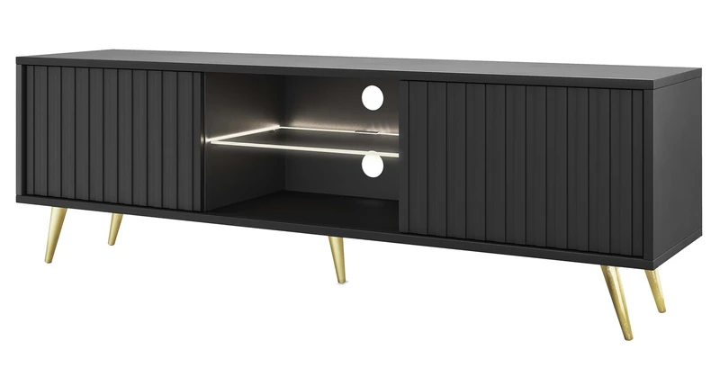 Selsey Bello TV Cabinet/TV Lowboard in Black with Slats, 135 cm Wide