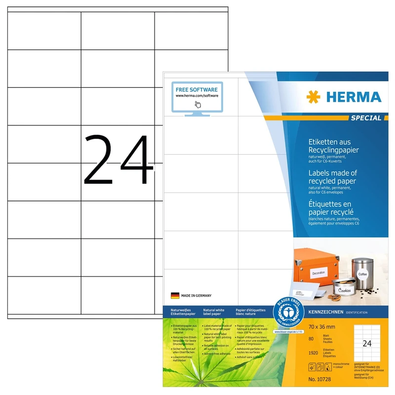 HERMA Self Adhesive Recycling Labels, 24 Labels per A4 Sheet, 80 Sheets, 70 x 36 mm, 1920 Labels, 100% Recycled Paper Labels Stickers, Sticky Labels for Laser & Inkjet Printer, Natural White
