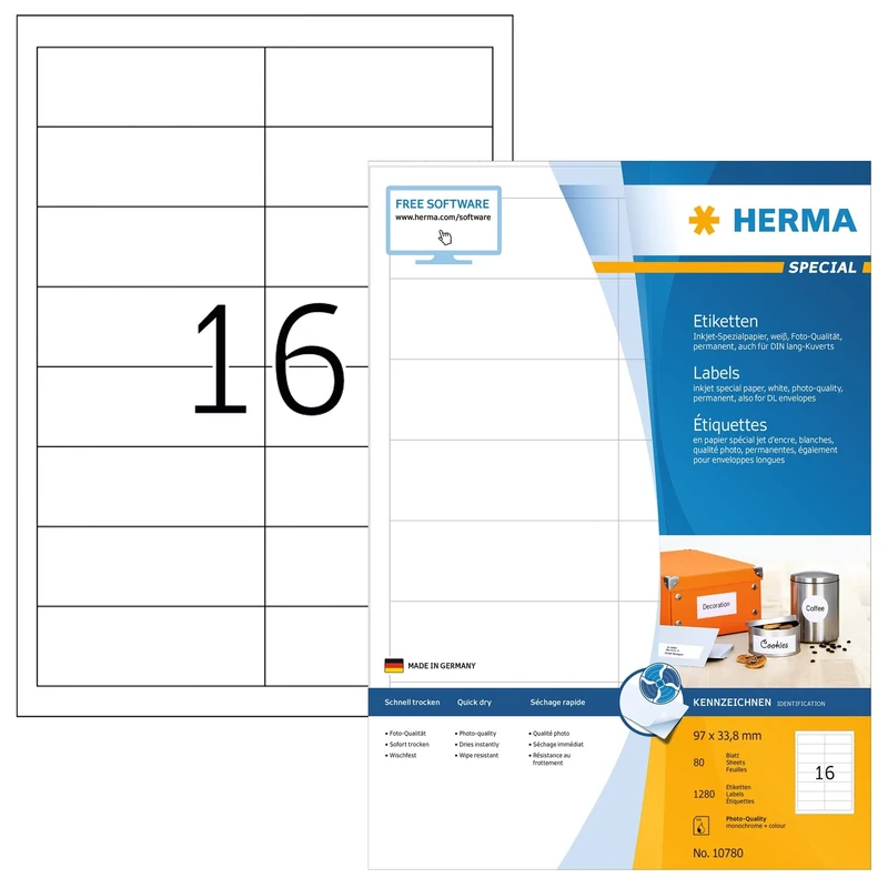 HERMA Self Adhesive Inkjet Address Labels, 16 Labels per A4 Sheet, 80 Sheets, 97 x 33.8 mm, 1280 Labels, Blank Mailing Labels Stickers, Sticky Labels for Inkjet Printer, White