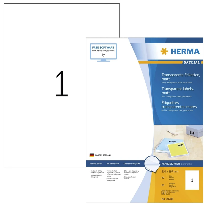 HERMA Self Adhesive Clear Film Labels, 1 Label per A4 Sheet, 80 Sheets, 210 x 297 mm, 80 Labels, Blank Weatherproof Labels Stickers, Sticky Labels for Laser & Inkjet Printer, Transparent