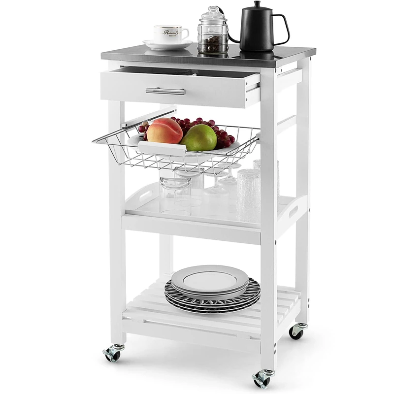 COSTWAY Small Kitchen Trolley, Serving Trolley on Wheels, Stainless Steel Worktop, Drawer, Basket, Rolling Trolley, Kitchen Island, Country House Style, White, 47 x 39 x 85 cm