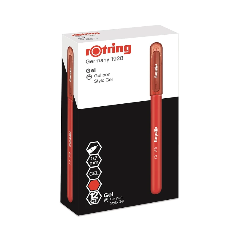 rOtring Gel Rollerball Pens - Medium Point 0.7mm - Red Ink - Pack of 12 - Smooth Quick Drying Gel Ink - Rubber Grip