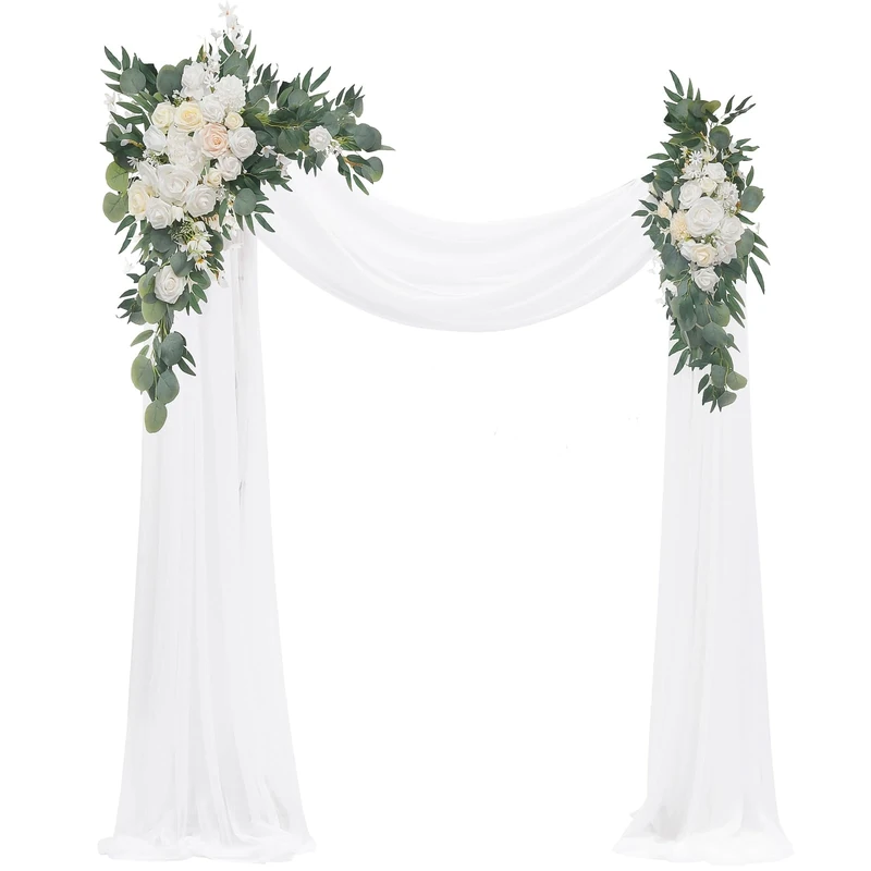 Floroom Arch Flowers with Drapes Kit (Pack of 4) - 2pcs Artificial Ivory & White Floral Swag Arrangement with 2pcs Draping Fabric for Wedding Ceremony Arbor and Reception Backdrop Decoration