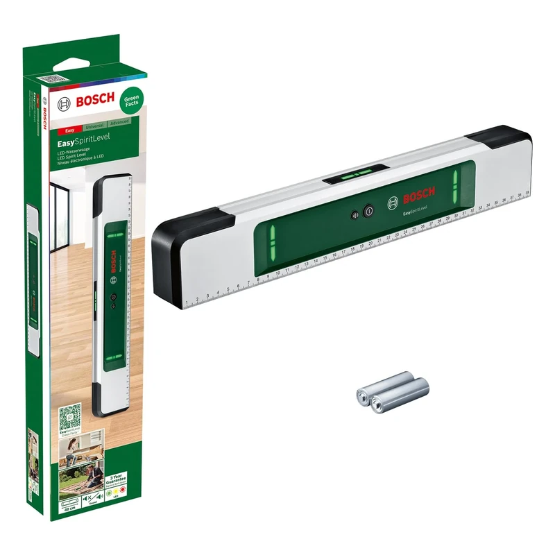 Bosch spirit leveland EasySpiritLevel (intuitive LED concept, sound assistance, small angle indication +/-3°, 0.1° accuracy at 0°, 90°, 180°, and 270°, printed scale, in cardboard box)