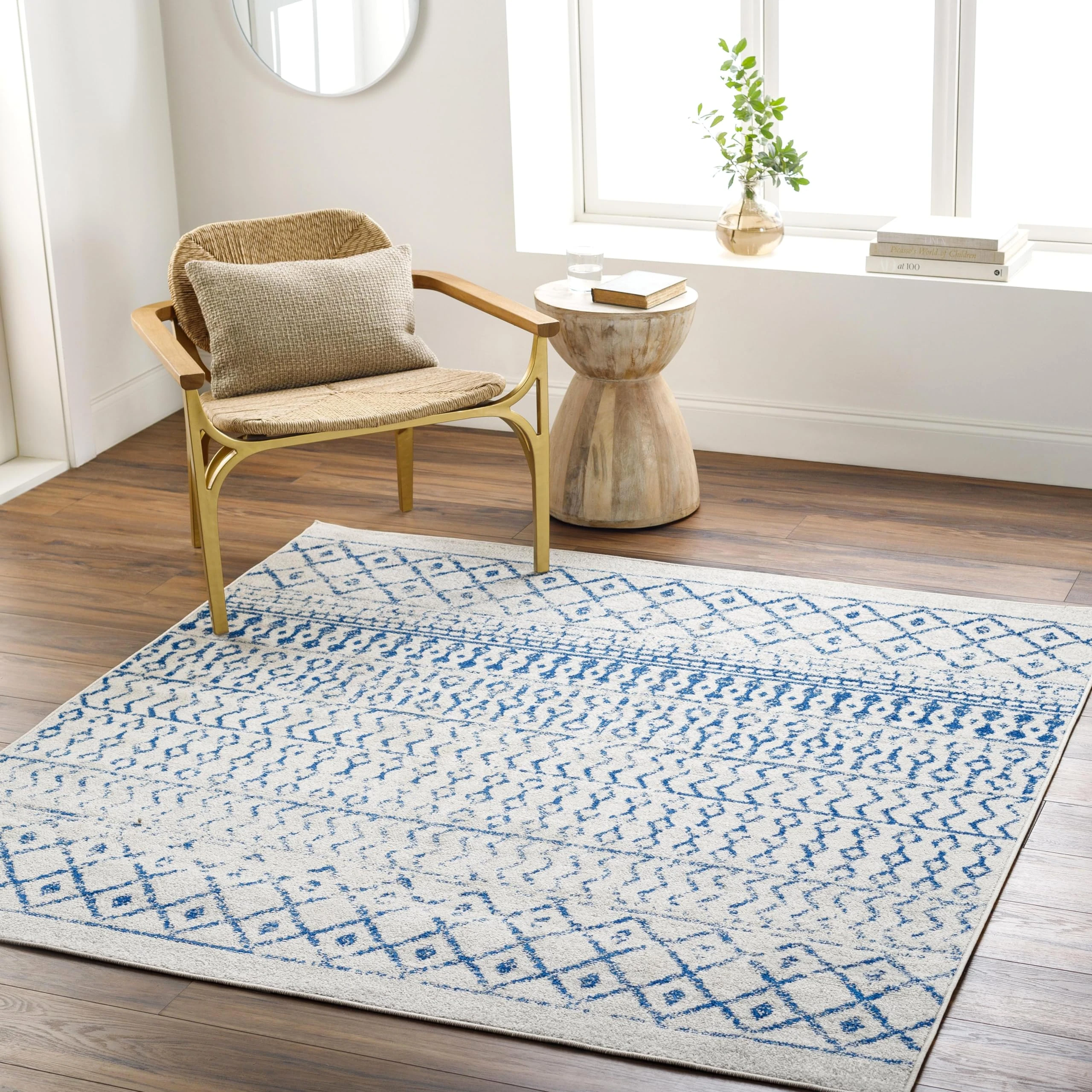 Livabliss Chester Boho Moroccan Area Rug, 5' Square, Cream/Royal Blue