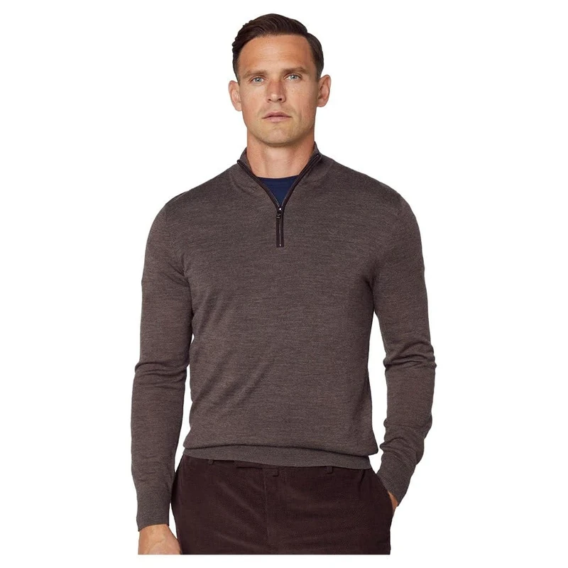 Hackett London Men's Merino Silk HZIP Pullover Sweater, Brown (Bark), XXL