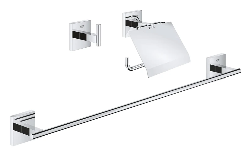 GROHE Start Cube 3-in-1 Bathroom Accessories Set - Robe Hook, Toilet Roll Holder with Cover, Towel Rail 558mm (Metal, with Screws and Dowels), Extra easy to fit with GROHE QuickGlue, Chrome, 41124000