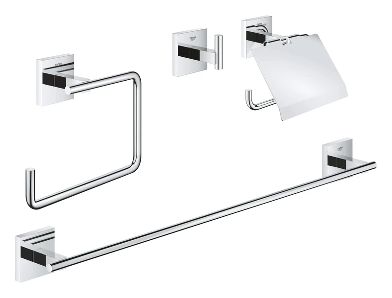 GROHE Start Cube 4-in1 Bathroom Accessories Set - Robe Hook, Towel Ring, Toilet Roll Holder, Towel Rail 558mm (Metal, with Screws and Dowels), Extra Easy to Fit with GROHE QuickGlue, Chrome, 41115000