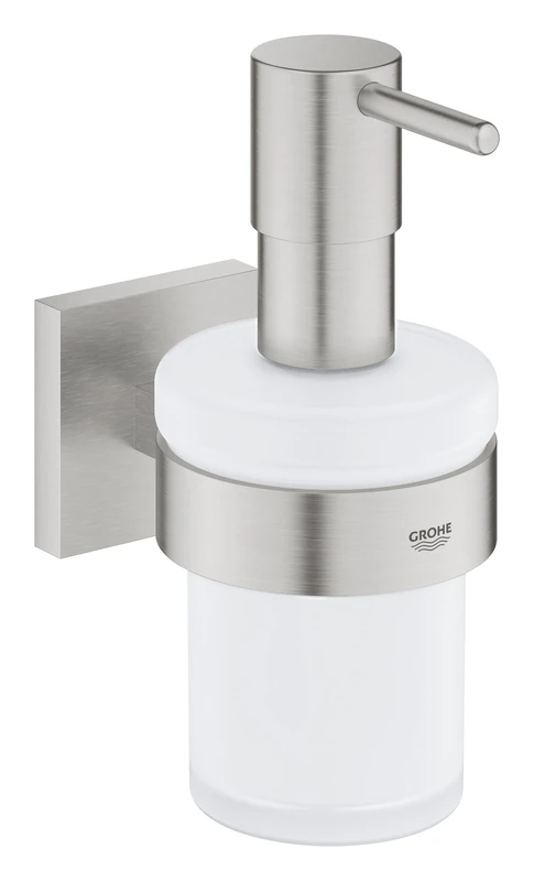 GROHE Start Cube Soap Dispenser with Holder (Material: Frosted Glass & Metal, Filling Quantity 160 ml, with Screws and Dowels), Size 158 mm, Easy to Fit with GROHE QuickGlue, Stainless Steel, 41098DC0