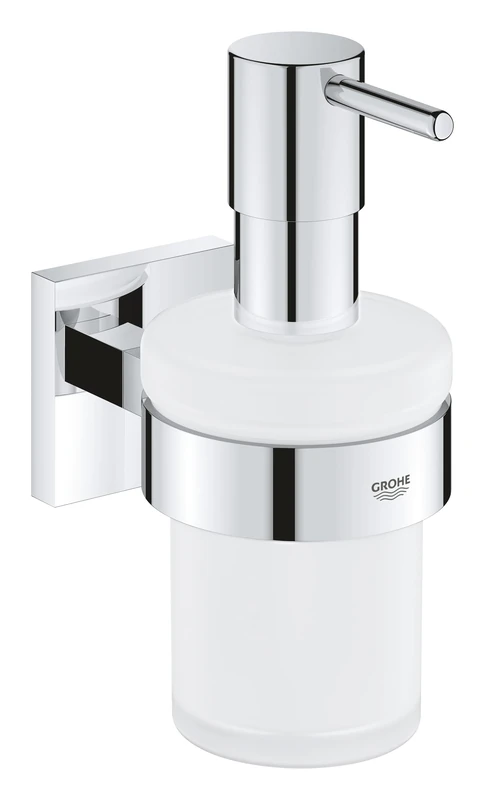 GROHE Start Cube Soap Dispenser with Holder (Material: Frosted Glass & Metal, Filling Quantity 160ml, Including Screws and Dowels), Size 158mm, Extra Easy to Fit with GROHE QuickGlue, Chrome, 41098000