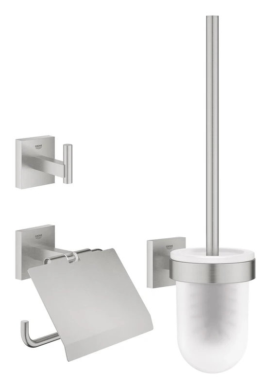 GROHE Start Cube 3-in-1 Toilet Accessories Set - Toilet Roll Holder, Toilet Brush, Robe Hook (Metal & Glass, with Screws and Dowels), Extra easy to fit with GROHE QuickGlue, Stainless Steel, 41123DC0