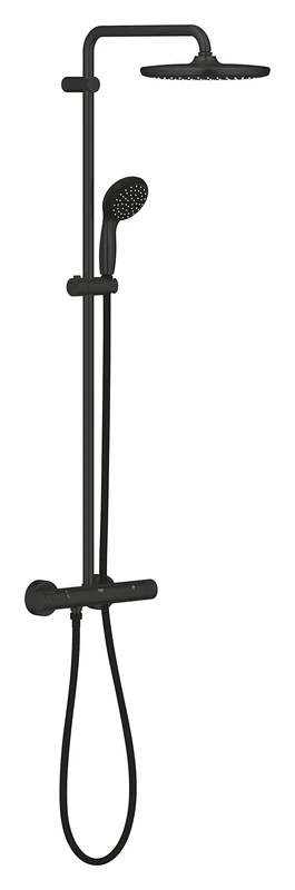 GROHE Vitalio Start 250 – Wall Mounted Exposed Thermostatic Shower System Set (Water Saving Technology, Arm 39cm, Head Shower 25cm with Ball Joint, Hand Shower 10cm, Hose 1.75m), Matt Black, 266772430