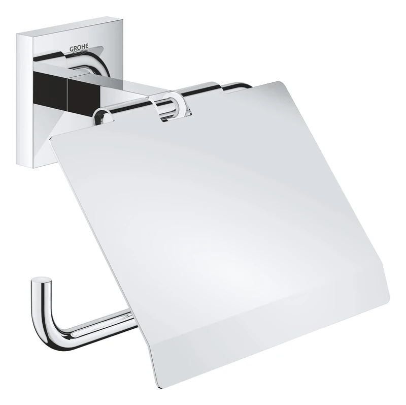 GROHE Start Cube Toilet Roll Holder with Cover (Metal, Wall Mounted, Concealed Fastening, Including Screws and Dowels), Size 111 mm, Extra Easy to Fit with GROHE QuickGlue, Chrome, 41102000