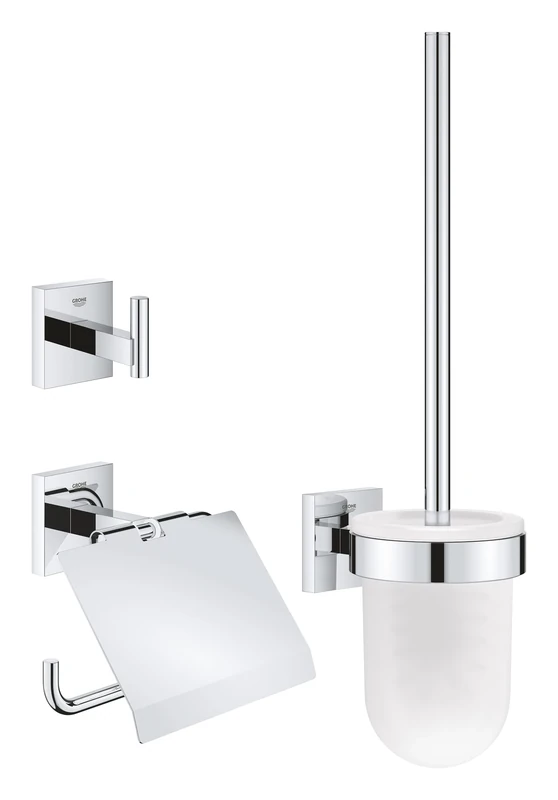 GROHE Start Cube 3-in-1 Toilet Accessories Set - Toilet Roll Holder, Toilet Brush, Robe Hook (Metal and Glass, with Screws and Dowels), Extra easy to fit with GROHE QuickGlue, Chrome, 41123000